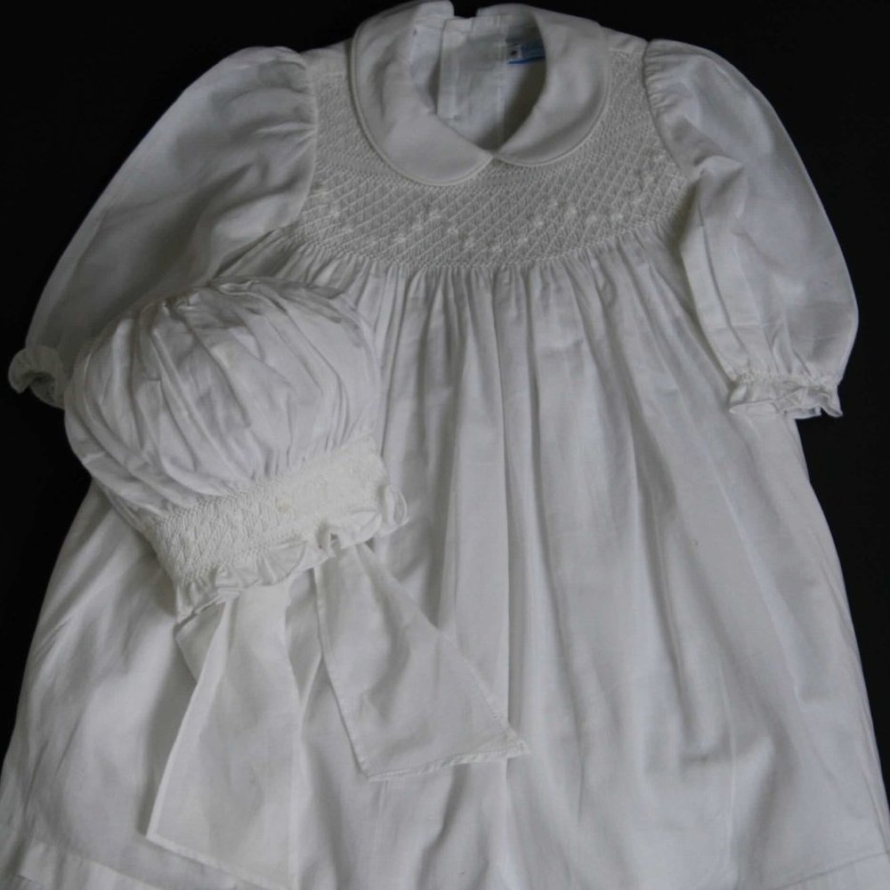 Girls Baptismal Gown 100% Cotton Hand Smocked with bonnet.